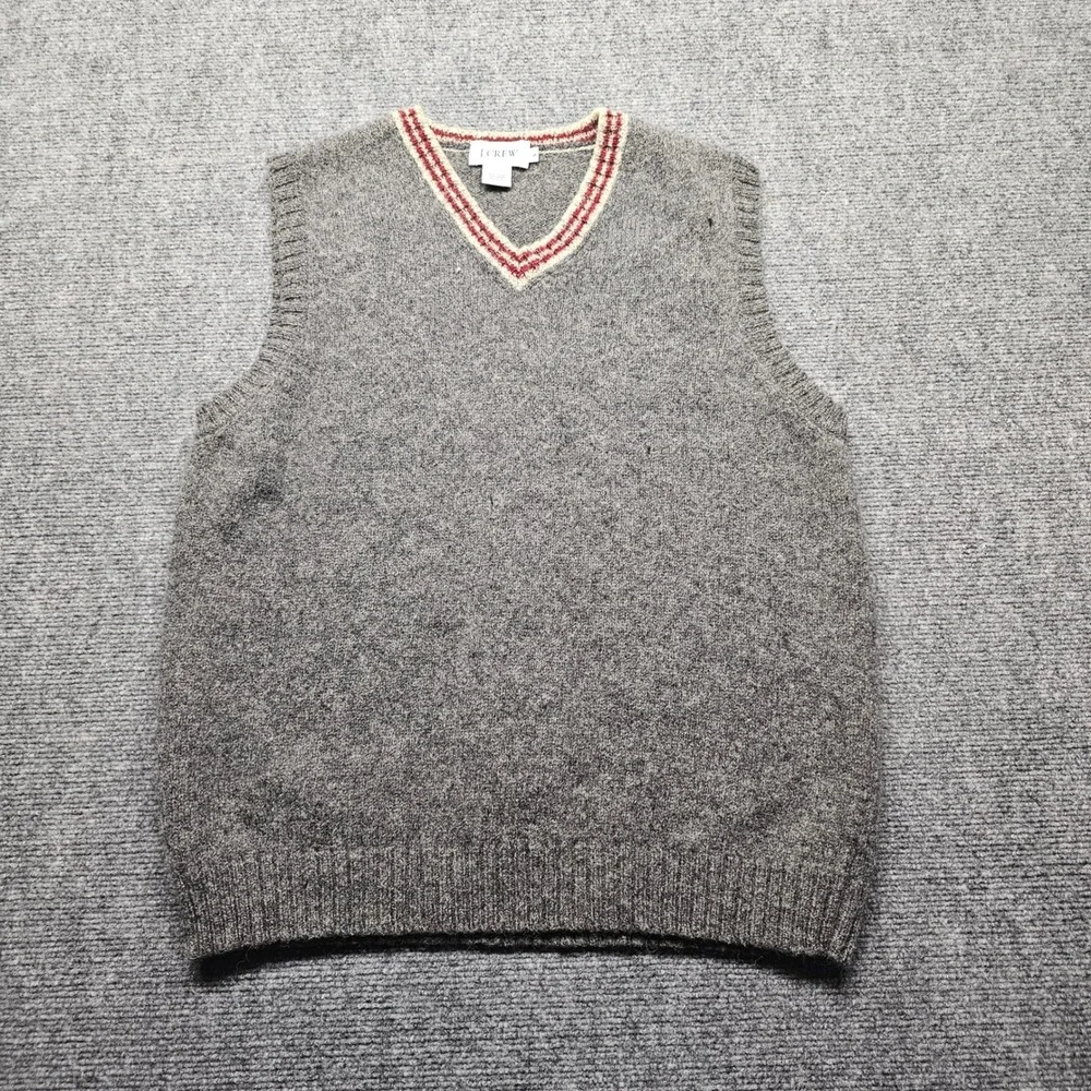 J.Crew Mens Small 100% Shetland Wool V-Neck Sweater Vest Grey Red Stripe Trim